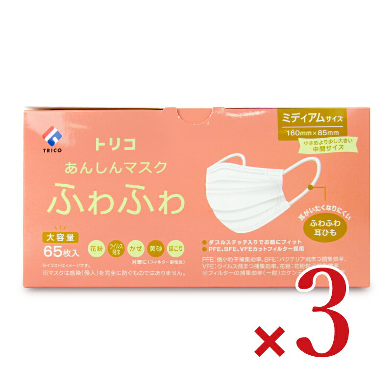 楽天にっぽん津々浦々【月初め34時間限定！最大2200円クーポン配布中！】TRICO あんしんマスクふわふわ ミディアム 65枚 × 3箱