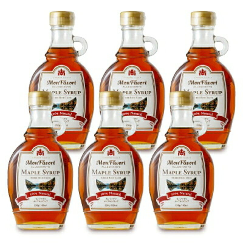 こちらの商品は色違いのキャップが届く場合がございます。中身・品質には変わりありません。あらかじめご了承くださいませ。カナダ・ケベック州産の100％ピュアメープルシロップです カナダ・ケベック州産のカナダグレードAアンバーリッチテイストの100％ピュアメープルシロップです。 メープルシロップは上白糖などの他の甘味料に比べてカロリーが低く、カルシウムやカリウムなどのミネラルを含んでいます。お子様からご年配の方まで安心してお使いいただけます。 パンケーキ ヨーグルト クッキー プティング マフィン お菓子作りに！ &nbsp; &nbsp; ■品名 メープルシロップ ■原材料名 楓の樹液 ■内容量 250g × 6本 ■栄養成分表示 大さじ1杯（19.8g）あたり エネルギー：52kcal、たんぱく質：0g、脂質：0g、炭水化物：13.0g、食塩相当量：0g ■賞味期限 製造日より1081日 　※実際にお届けする商品の賞味期間は、在庫状況により短くなりますので何卒ご了承ください。 ■保存方法 直射日光を避けて保存してください。 ■原産国名 カナダ ■輸入者 富永貿易株式会社 富永貿易のその他の商品はこちらから 関連商品はこちら！富永貿易 モンファボリ メープルシロップ 22,261円富永貿易 モンファボリ メープルシロップ 21,226円富永貿易 モンファボリ メープルシロップ 34,290円こちらも一緒に購入されています！セイロンファミリー 有機ココナッツオイル 504,433円アーモンドパウダー 400g ［パイオニア企画1,625円海の精 国産特栽・紅玉梅干1.5kg7,324円