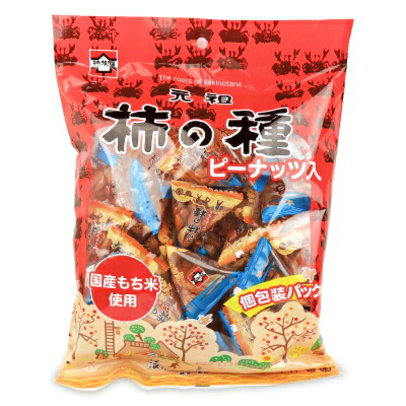 　 国産もち米使用ピーナッツ入 元祖柿の種 元祖浪花屋の伝統の味を引き継ぐちょっと辛口の柿の種。その食べ飽きしない美味しさを一口サイズの三角パックにしました！ お酒のおつまみにピッタリです。品質劣化を防ぐため、酸素を追い出して窒素ガスを充填してありますので、出来立ての風味を長持ちさせます。国産もち米を使用し、個包装パックとなっておりますので食べたい時に食べたい分だけ！ 浪花屋製菓の元祖、柿の種をぜひご賞味くださいませ！ 米菓・柿の種の元祖は浪花屋製菓です いまや世界ブランドとなった米菓・柿の種。元祖は新潟県長岡市に本社のある、浪花屋製菓です。「元祖　柿の種」を最初に作り出したのは、当社の創業者「故、今井與三郎」でした。大正12年、創業当初はウルチ米の煎餅作りでしたが、後に大阪のあられ作りを取り入れ、モチ米を使ったあられを作るようになりました。これが社名「浪花屋」の由来です。 当時はすべて手作業で薄くスライスした餅を何枚かに重ね、小判型の金型で切り抜いて作っていました。ある日、その金型をうっかり踏み潰してしまい、元に直らずそのまま使用したら、歪んだ小判型のあられになってしまいました。 そんなあられを持って商いをしていたところ、ある主人が「こんな歪んだ小判型はない。形は柿の種に似ている」といわれ、そのヒントから大正13年「柿の種」が誕生しました。 柿の種を作り続けて90年、浪花屋の柿の種が「元祖柿の種」といわれる由縁であります。 ＼この商品を紹介した記事はこちら！／ ■名称 米菓 ■原材料名 もち米（国産）、ピーナッツ、米（国産）、でん粉、醤油、でん粉分解物、食塩、還元水あめ、植物油脂、風味調味料、唐辛子、加工でん粉、調味料（アミノ酸等）、カラメル色素、紅麹色素、パプリカ色素、乳化剤、（原材料の一部に小麦、大豆、鶏肉、さばを含む） ■内容量 170g（個装紙込み） ■賞味期限 製造日から150日 ※実際にお届けする商品の賞味期間は、在庫状況により短くなりますので何卒ご了承ください。 ■保存方法 直射日光や高温多湿の場所を避けて、保存してください。 　 　　■栄養成分表示　（100gあたり） 　　エネルギー：454kcal、たんぱく質：12.9g、脂質：15.4g、炭水化物：65.9g、ナトリウム：510mg、食塩相当量：1.3g 　 ■ご注意 ・本品の製造工場では、卵、乳、えびを含む製品を製造しています。 ・賞味期限は未開封の場合ですので、開封後はなるべく早くお召し上がりください。 ■製造者 浪花屋製菓　株式会社 ▶ この商品のお買い得なセットはこちらから ▶ 浪花屋製菓のその他の商品はこちらから 関連商品はこちら！浪花屋製菓 元祖柿の種 ピーナッツ入り 個包1,457円浪花屋製菓 大辛口柿の種チャック袋 390g709円～浪花屋製菓 柿の種進物縦缶 KT05 170g1,042円こちらも一緒に購入されています！浪花屋製菓 元祖柿の種 ピーナッツ入り 個包1,457円アルカン ルスティケーラ スパゲッティ 2.01,169円小川産業 小川の煮出し麦茶 つぶまる 220275円