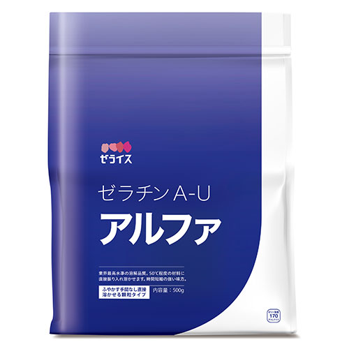 溶解時間の大幅な短縮を実現した顆粒タイプゼラチンです。 ゼラチンの素となるコラーゲンは、からだを形成するたんぱく質の一種。 ゼラチンは、無脂肪でヘルシーな動物性たんぱく質です。からだの維持成長に必要なアミノ酸を含み、消化吸収が良く、安心してお召し上がりいただけます。 ご使用方法 顆粒ゼラチンは水でふやかす手間がかかりません。50℃-60℃の材料にそのままふり入れて溶かしてください。冷たい材料に溶かす場合は、予め少量のお湯にゼラチンを振り入れ溶かした上で材料に加えて、ゼラチンをよくかき混ぜてご使用ください。 ゼリーを作る場合の標準使用量は液量1000ccに対し、15g-25gが適量です。 （素材によっても変わりますのでお好みで調整をおすすめいたします） ■名称 ゼラチン ■原料由来 牛骨、豚骨、豚皮 ■内容量 500g ■保存方法 高温多湿・直射日光を避けて常温で保存してください。 ■賞味期限 製造日より3年 　※実際にお届けする商品の賞味期間は、在庫状況により短くなりますので何卒ご了承ください。 ■使用上のご注意 ・ゼラチン液を沸騰させますと、固まりにくくなります。 ・パイナップル、メロン、キウイフルーツ、パパイヤなどの果実はゼラチンを分解する酵素を含んでおり、固まらないことがあります。これらの果実をご使用の際には予め短時間煮るか、缶詰、瓶詰をご使用ください。 ・ゼラチンを使用したデザートなどは、"なまもの"と同様に冷蔵庫に保存し、できるだけ早く召し上がってください。使用する量だけを溶解し、使い切るようおすすめいたします。 ■栄養成分表示（100gあたり） 熱量344kcal、たんぱく質87.6g、脂質0g、炭水化物0g、ナトリウム260mg、コラーゲン87.6g ■販売者 ゼライス株式会社 ★ ゼライス 商品一覧はこちらから