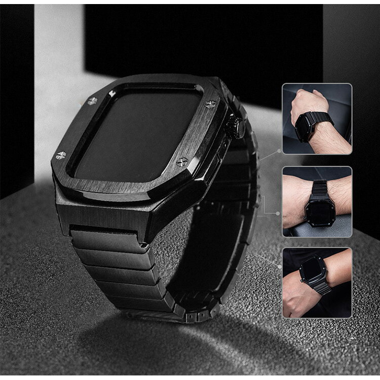 アップルウォッチ バンド 保護ケース+バンドセット フレーム保護 ステンレス 革 apple watch バンド シンプル ビジネス おしゃれ 45mm 44mm 長さ調節可 金属 中性 丈夫なリング