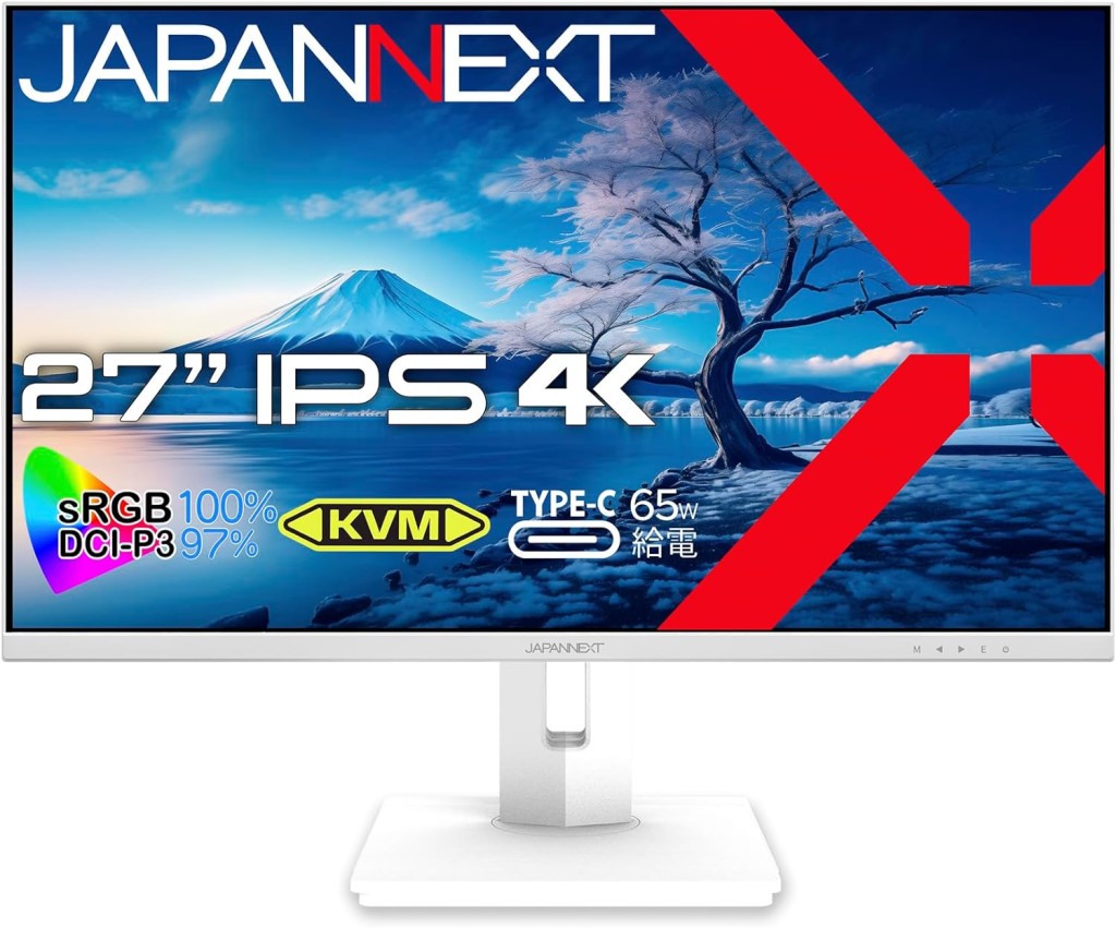 ジャパンネクスト [JN-IPS27UHDR-C65W-HSP-W] 27インチ ワイド 4K液晶ディスプレイ(3840x2160/IPS/DP/HDMI/Type-C65W給電/チルト/高さ調整/スイベル/ピボット/非光沢/ホワイト筐体/1年保証)