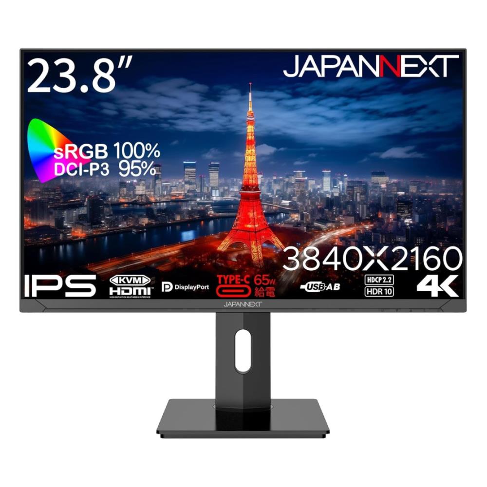 ジャパンネクスト [JN-IPS2380UHDR-C65W-HSP] 23.8インチ ワイド 4K液晶ディスプレイ(3840x2160/IPS/DP/HDMI/Type-C65W給電/チルト/高さ調整/スイベル/ピボット/非光沢/2年保証)