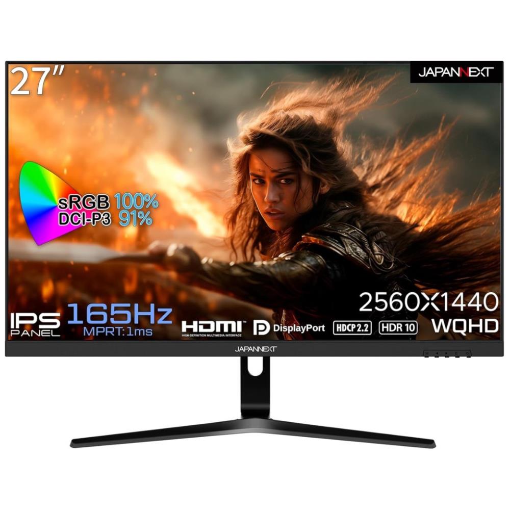 ジャパンネクスト [JN-27IPSG165WQHDR] 27インチ ワイドゲーミングモニター(2560x1440/IPS/165Hz/DP/HDMIx2/チルト/スピーカー/非光沢/2年保証)