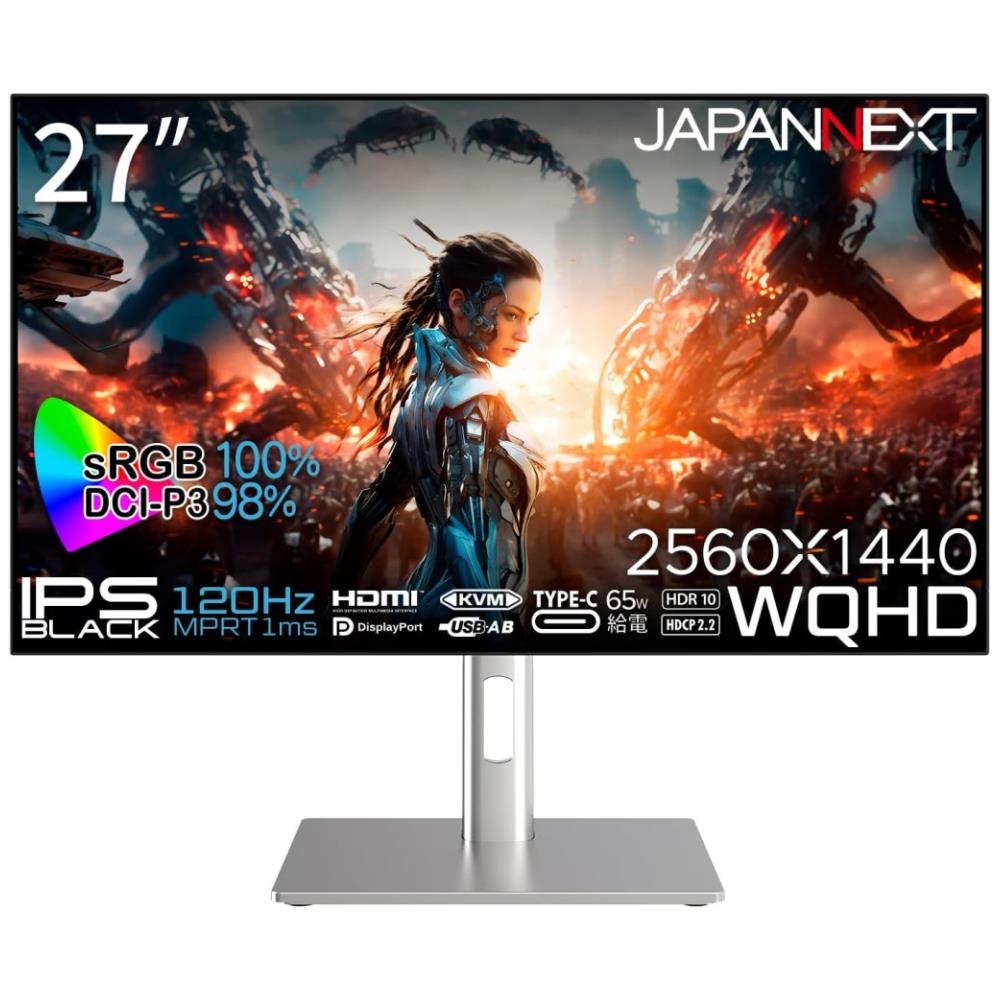 ジャパンネクスト [JN-27IB120Q-H-C6] 27インチ ワイドゲーミングモニター(2560x1440/IPS/120Hz/DP/HDMI/Type-C65W給電/チルト/高さ調整/スイベル/ピボット/非光沢/2年保証)