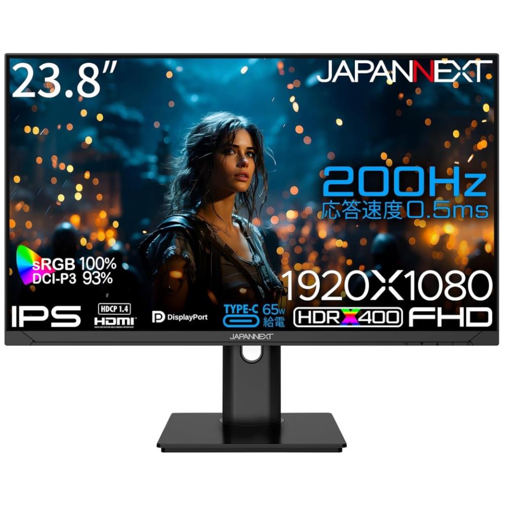 ジャパンネクスト [JN-IPS238G200F-HSPC6] 23.8インチ ゲーミングモニター(1920x1080/IPS/200Hz/DP/HDMI/Type-C65W給電/スピーカー/チルト/高さ調整/スイベル/ピボット/非光沢/2年保証)