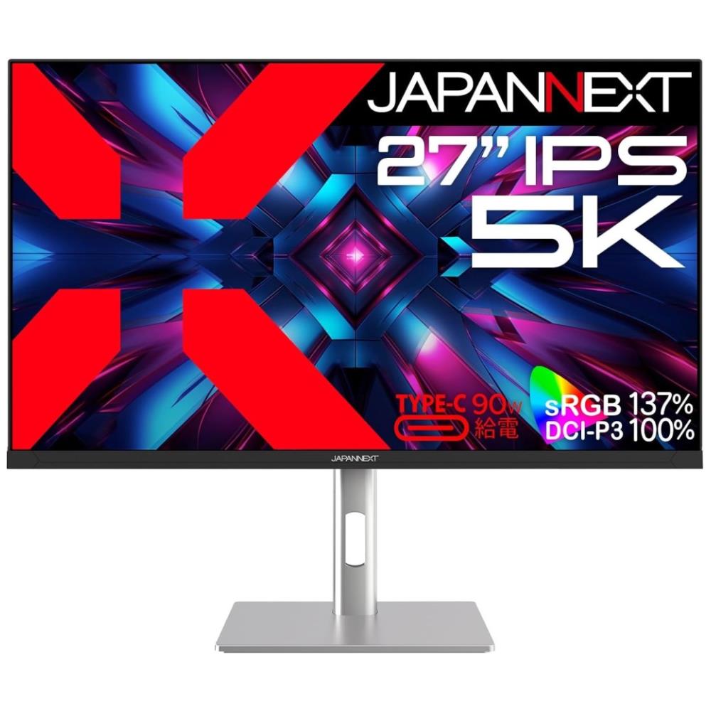 ジャパンネクスト [JN-IPS275K-HSPC9] 27インチ ワイド 5K液晶ディスプレイ(5120x2880/IPS/DP/HDMI/Type-C90W給電/スピーカー/高さ調整/スイベル/ピボット/非光沢/2年保証)
