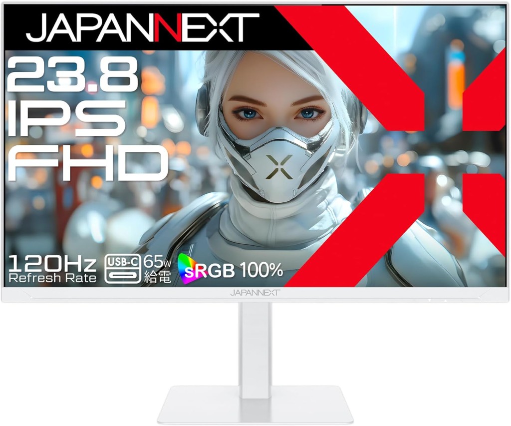 ジャパンネクスト [JN-238IPS120F-HSPC6-W] 23.8インチ 液晶ディスプレイ(1920x1080/IPS/HDMI/DP/Type-C65W給電/スピーカー/高さ調整/スイベル/ピボット/非光沢/ホワイト筐体/2年保証)