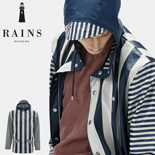 RAINS レインズ LTD JACKET レインコート 防水 ロングジャケット ロングコート フーディー ストライプ ホワイト × ネイビー 白 紺 青 紳士 婦人 メンズ レディース おしゃれ ブランド 新商品 雨用 梅雨 レインウェア レイングッズ 2021 秋 冬 秋冬