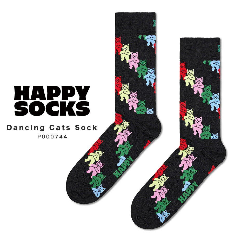 ハッピーソックス 靴下 レディース happy socks ハッピーソックス 靴下 レディース メンズ おしゃれ ブランド かわいい クルー丈 ミドル丈 ソックス くつ下 可愛い 綿 コットン 綿混 カジュアル ビジネス 派手 総柄 猫 アニマル柄 ブラック 黒 Dancing Cats Sock P000744 2024 春 春夏 夏