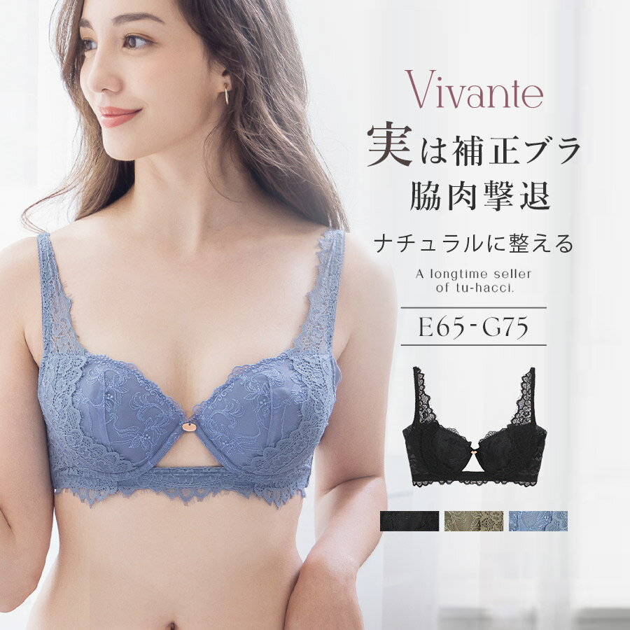 【最大20％OFFクーポン配布中】vivante ブロドゥリーレースブラ / 補正ブラに見えない脇肉撃退ブラ大きいサイズ グラマーサイズ ブラック ブルーグレー カーキ 大きいサイズ 補正 脇高 谷間 リフトアップ 盛れる 背中綺麗 レース ブラジャー【ブラ単品】【tu-hacci】のサムネイル