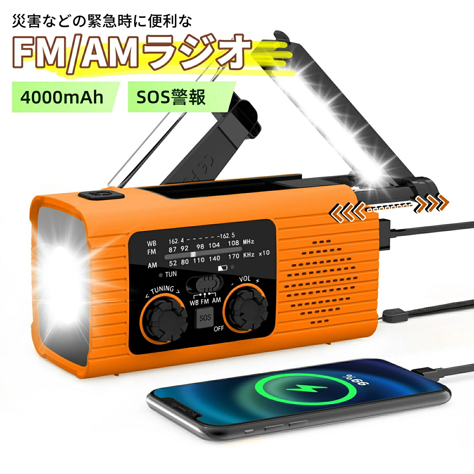 【2025年新品】防災ラジオ 多機能ポータブルラジオ 4000mAh気象警報手回しとソーラー充電に対応 USB充電 SW/AM/FM受信 3.5mmヘッドホン対応 LED懐中電灯付き読書灯 SOS警報 防水 小型 スマホ充電可能 懐中電灯 防災用品 地震 台風 非常時対策
