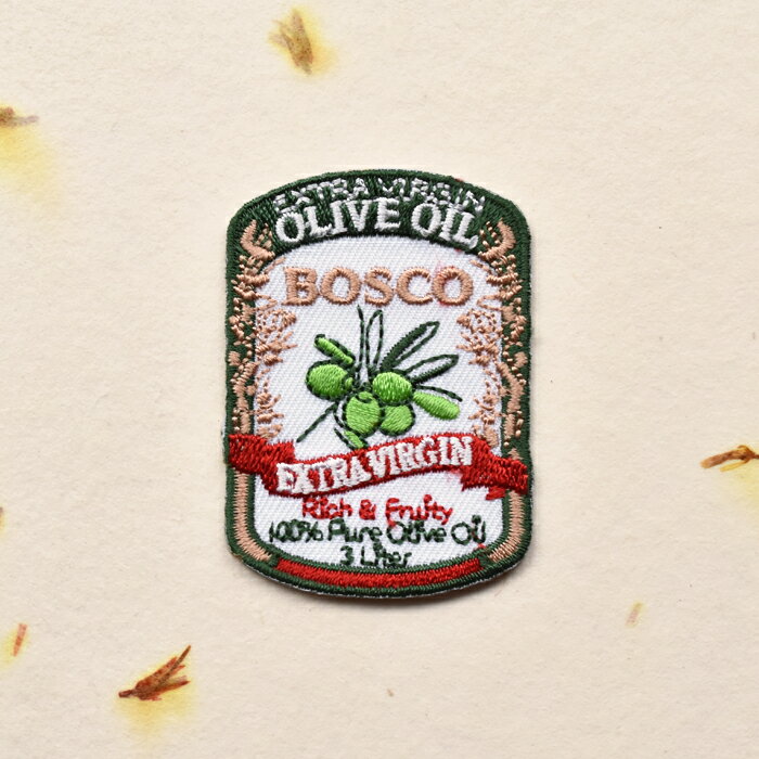 オリーブオイルラベルのワッペン/アイロン糊付き/刺繍/手芸/食品