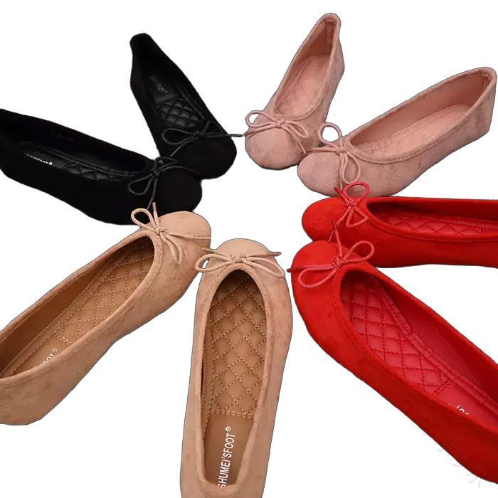 バレエシューズ ラウンドトゥ シンプル リボン付き フラットパンプス スエード調素材 ブラック ベージュ ピンク レッド フラットソール ローヒール 軽量で歩きやすい快適デザイン