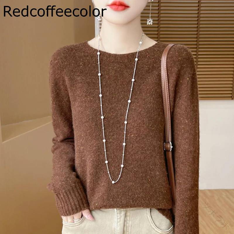 女性用ラウンドネックルーズプルオーバーセーター点線フローラルヤーンニットセーター多用途ベース100..