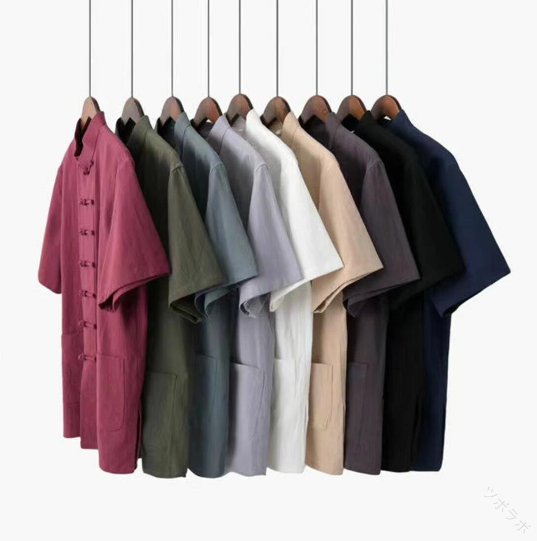 メンズ トップス カーディガン 武術服 唐装漢服 太極拳服 半袖 チャイナコート チャイナボタン 無地 薄手 シャツ 綿麻 ポケット付き 中国風 男性用 太極拳...