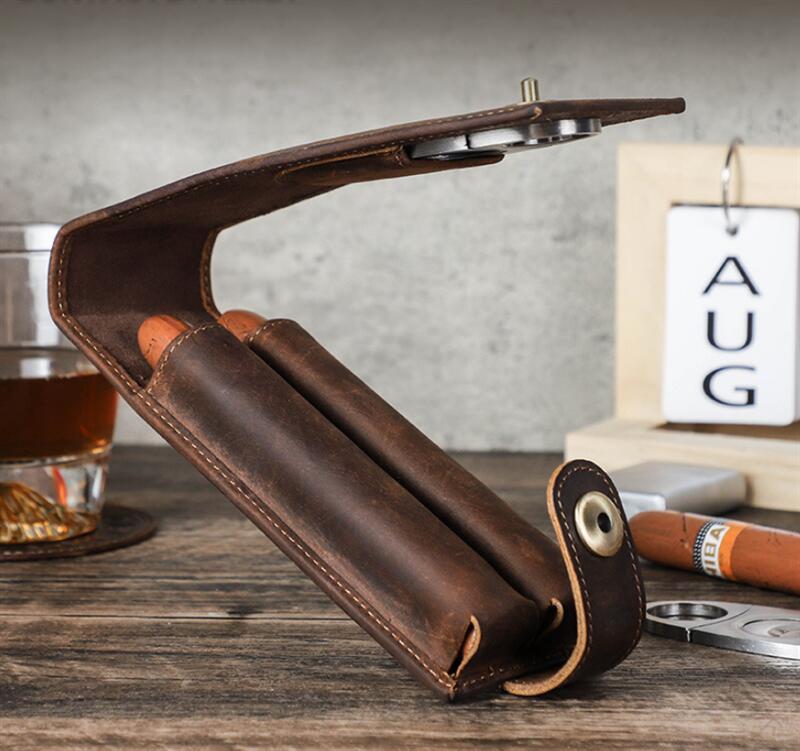葉巻ケース シガーケース 本革製 2本用 タバコ保湿 携帯可能な喫煙器具 レザー皮サック ポータブル収納ケース 旅行用 父の日贈り物 プレゼントに最適 本革ケース シガレットケース 喫煙具