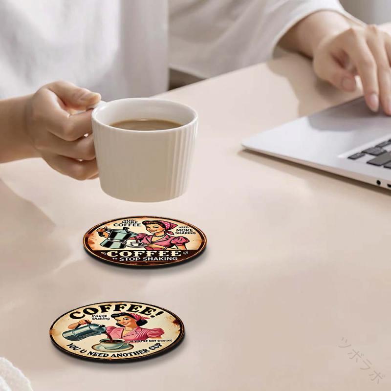 コースター 断熱 撥水 滑り止め 木製 ウッド 人気 UVプリント アメリカンレトロ レトロガール コーヒー..