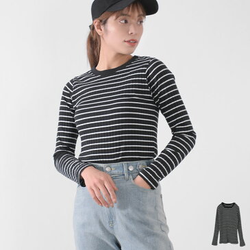 【福袋対象A】 リブ カットソー Tシャツ 長袖 レディース ボーダー ロンティー シンプル ロンT インナーTシャツ インナー 長袖Tシャツ クルーネック 丸首 プルオーバー トップス 重ね着 おしゃれ カジュアル ナチュラル 服 [M便 1/1]