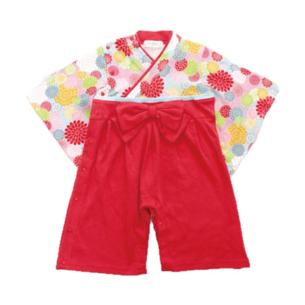 【送料無料】菊柄全開女児はかまロンパース レッド 90cm 7150041290