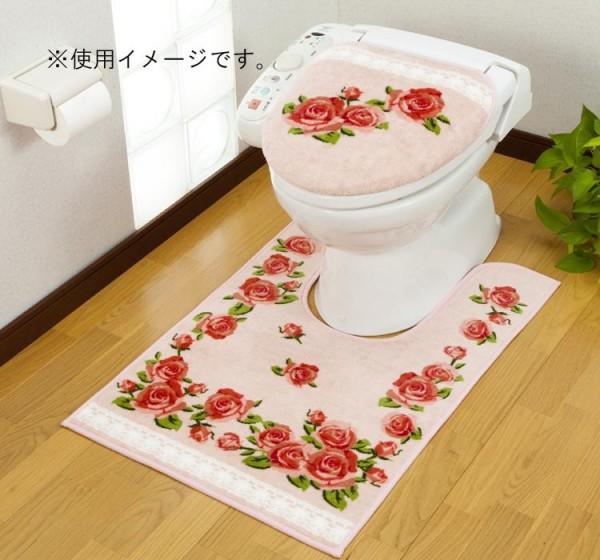 【送料無料】サイドロングトイレマット＆フタカバーセット　レースローズ