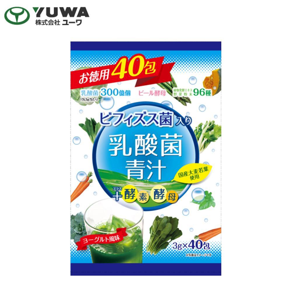 人にやさしいビフィズス菌や乳酸菌、栄養たっぷりのビール酵母などを含んだ、すっきりとしたヨーグルト風味の青汁です。【お召し上がり方】1日に1包（3g）を目安に、80〜100mL程度の水又は牛乳等の飲み物によく混ぜてお召し上がりください。市販のシェイカーを使いますとよく混ざります。粉末のままお召し上がりいただくと、のどに詰まる恐れがございます。必ず水又は飲料に混ぜてお召し上がりください。商品区分健康食品内容量120g（3g×40包）サイズ個装サイズ：12×6.5×18cm重量個装重量：205g仕様賞味期間：製造日より720日生産国日本広告文責:三山木子有限会社Tel 06-6345-7927栄養成分【1包（3g）当たり】熱量:11.07kcal、タンパク質:0.3g、脂質:0.05g、炭水化物:2.34g、食塩相当量:0.003g、乳酸菌EC-12:300億個、ビフィズス菌:1億個、ビール酵母:200mg、植物醗酵エキス末:20mg原材料名称：大麦若葉加工食品大麦若葉末、マルトデキストリン、難消化性デキストリン、ビール酵母、植物醗酵エキス末（黒砂糖、キャベツ、イチゴ、リンゴ、ダイコン、トマト、ユズ、カキ、キウイフルーツ、キュウリ、ナス、ホウレンソウ、小松菜、ピーマン、セロリ、ゴーヤ、シソ、ニンジン、プルーン、ヨモギ、大豆（遺伝子組み換えでない）、オリゴ糖、ブドウ、モモ、ミカン、カボチャ、レイシ、日本山人参、ケール、大麦若葉、モロヘイヤ、コンブ、玄米、スイートコーン、キンカン、シイタケ、米ぬか、レモン、ココア、キクラゲ、ワカメ、ヒバマタ、根コンブ、ブルーベリー、アケビ、ヤマモモ、アカメガシワ、オオバコ、クマザサ、スギナ、ビワの葉、マイタケ、ヒジキ、ナシ、チンゲンサイ、ウメ、レンコン、ウコン、イヨカン、ビタミン菜、イチジク、ヤマブドウ、ゴボウ、ブロッコリー、ショウガ、カリン、パセリ、アスパラガス、セリ、キイチゴ、ミツバ、ミョウガ、グミ、ブラックベリー、冬イチゴ）、ケール末、乳酸菌末（殺菌乳酸菌体、デキストリン）、ブロッコリー末、キャベツ末、大根葉末、南瓜末、さつまいも（アヤムラサキ）末、チンゲン菜末、パセリ末、澱粉、人参末、セロリ末、苦瓜末、ほうれん草末、桑の葉末、モロヘイヤ末、よもぎ末、ビフィズス菌乾燥原末、白菜末、アスパラガス末、トマト末、野沢菜末、れんこん末/クエン酸、香料、甘味料（アスパルテーム・L-フェニルアラニン化合物）、リン3酸カルシウム（一部に小麦・リンゴ・キウイフルーツ・大豆・もも・乳成分を含む）アレルギー表示乳、小麦、キウイフルーツ、大豆、もも、りんご（原材料の一部に含んでいます）保存方法高温多湿を避け、直射日光の当らない場所に保存してください。製造（販売）者情報【製造者】株式会社ユーワ東京都武蔵村山市伊奈平1-50-3fk094igrjs