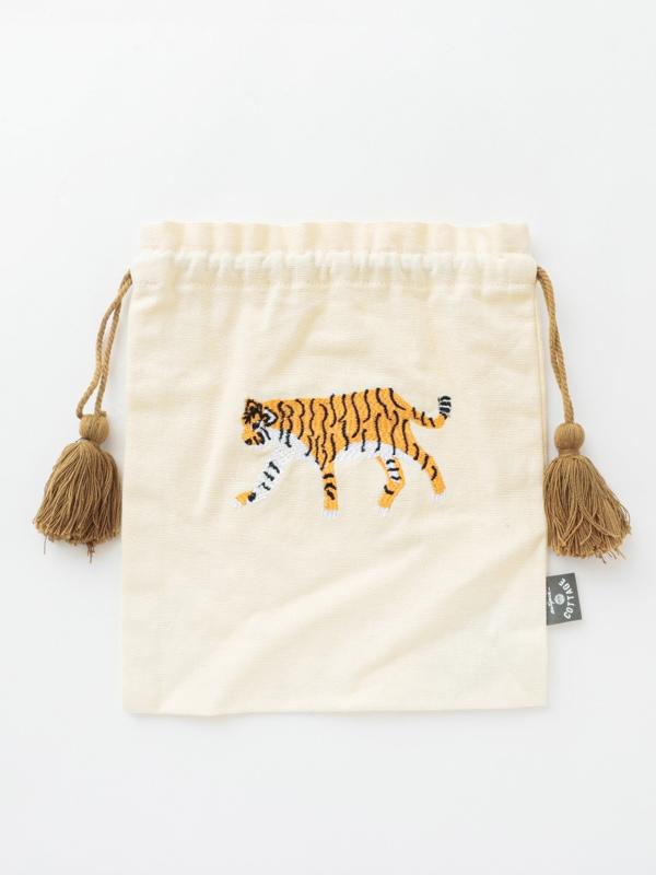 【送料無料】東京かんかん アニマル刺繍巾着 L ホワイト（タイガー） M26-1744WH
