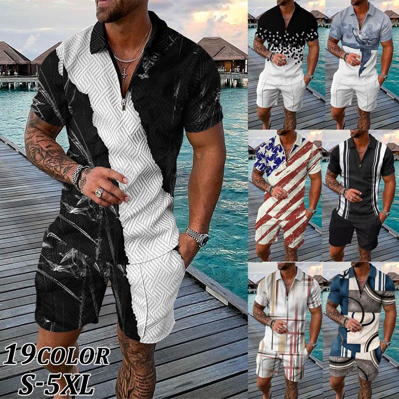 【200円クーポン配布中!】 セットアップ メンズ 上下セット ジャージ スウェット 夏服 Vネック ポロシャツ Tシャツ 半袖 パンツ 短パン 5分丈 アロハ...