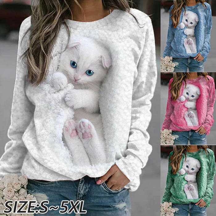【50円クーポン配布中!】 トレーナー イラスト レディース 3D 猫 可愛い 長袖 スウェット 薄手 長袖Tシャツ ねこ 白 面白 男女兼用 メンズ おもしろ...