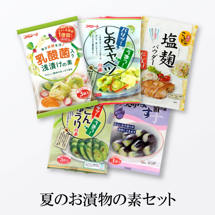 【送料無料】 夏のお漬物おためしセット 漬け物の素 ゆうパケット 浅漬け 漬け物 粉 浅漬けの素 粉末 塩麹 塩麹パウダー 塩キャベツ やみつきキャベツ あっさり漬 きゅうり なす なす漬 ナス 水なす コミローナ コーセーフーズ こうじや里村