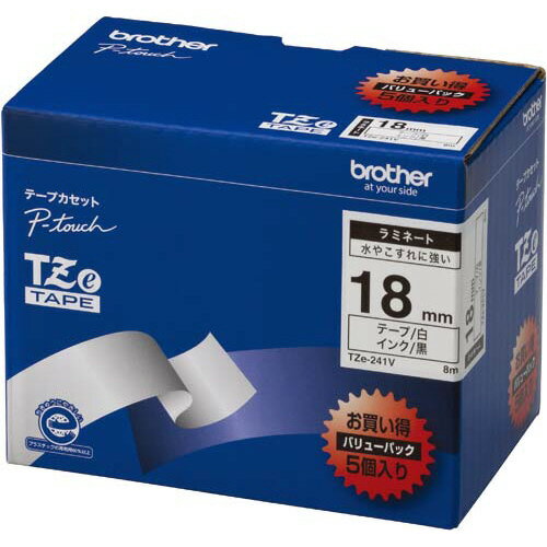 ★ポイント最大16倍★【在庫品は翌営業日発送】-ato6120-6649 ピータッチ用TZeテープカセット　白に黒文字18ミリ幅　5本パック 1ケ 61206649 ブラザー TZE-241V -【＠オフィス】