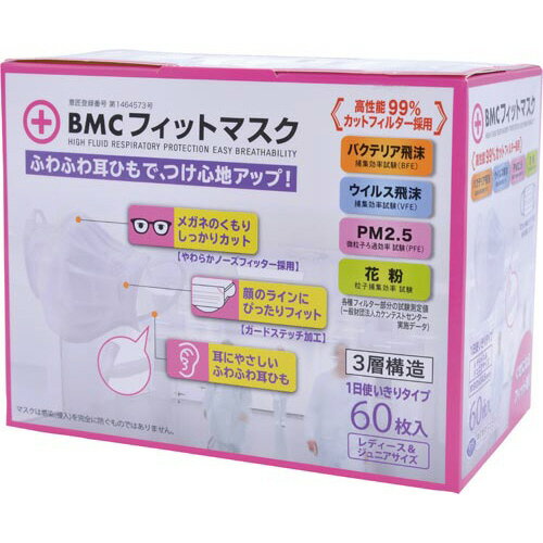 ★ポイント最大16倍★【在庫品は翌営業日発送】-ato6660-5744 BMCフィットマスク レディース&ジュニアサイズ 60枚 1ケ 66605744 ビー...