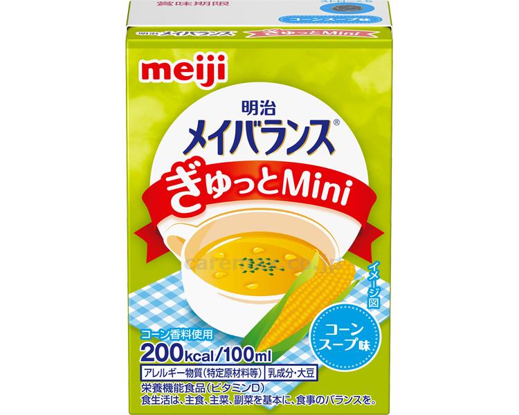 【病院専用商品】 ● メイバランスぎゅっとMini　100mL コーンスープ味●メーカー名 ●商品説明 ・少量で高エネルギー設計！バランスの良い栄養組成。・ビタミン、ミネラル配合。・飲みやすい、折り曲げできる蛇腹つきストロー。●商品仕様 ●サイズ ●カラー ●原材料／液状デキストリン（国内製造）、デキストリン、食用油脂（なたね油、パーム分別油、V.K2含有食用油脂）、乳たんぱく質、難消化性デキストリン、砂糖、酵母、食塩／カゼインNa、pH調整剤、調味料（無機塩等）、乳化剤、V.C、炭酸Mg、香料、グルコン酸亜鉛、V.E、硫酸鉄、ナイアシン、クチナシ色素、パントテン酸Ca、V.B6、V.B1、V.B2、V.A、葉酸、V.B12、V.D、（一部に乳成分・大豆を含む）●栄養成分／（1本当たり）エネルギー200kcal、たんぱく質7.5g、●JAN 4902705064027● 食事関連　介護食・健康食品 機能系食品介護　病院　クリニック　診療所　グループホーム　訪問看護　訪問介助　介助　居宅　施設　福祉　インボイス対応　適格請求書 ★お見積りはこちらから★★月島堂はインボイス対応済！インボイスのご請求書、領収書をご発行可能です。★業界最安値に挑戦！専門店ならではの納得価格。★創業25年の信頼と実績！★多くのお客様に選ばれ、累積受注件数35000件突破！★月島堂は90％以上のお客様にご納得いただいております。★お気軽にお見積もりご依頼下さい★お見積りはこちらから★