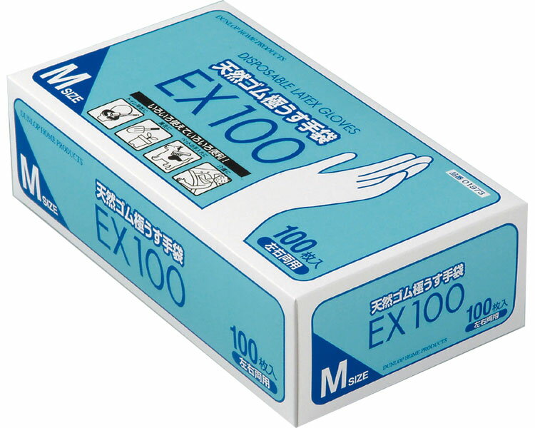 ★ポイント最大16倍★【全国配送可】-天然ゴム極うす手袋EX100　粉付 07620　M　ナチュラル　100枚 ダンロップホームプロダクツ　JAN 4904510219739 kt226228 取寄品 医療・施設 手袋 ラテックス手袋-【介護福祉用具】