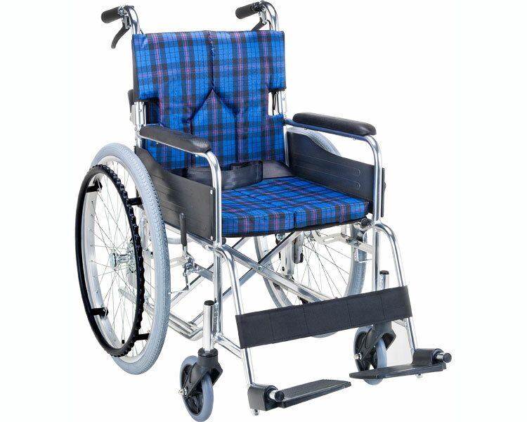★ポイント最大16倍★【全国配送可】-アルミ自走用車いす　SMK50-3843NC ネイビーチェック マキテック　JAN 4968501964206 kt352974 取寄品 歩行関連 車いす 自走式-【介護福祉用具】