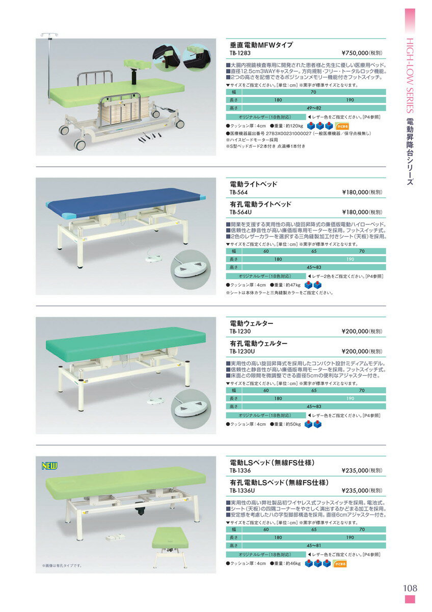 ★ポイント最大16倍★【送料無料・サイズ・色選択可】-有孔電動ウェルター　電動昇降台シリーズ　品番【TB-1230U】　-【代引き不可】【高田ベッド】 3