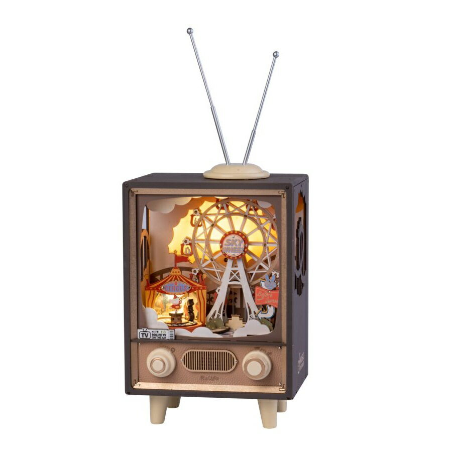 レトロ　アナログ　テレビ型　つくるんです AMT01 サンセットパーク｜あんしん日本語説明書付 3Dウッドパズル 手作りキット 脳トレ 小学生 大人 工作キット 段ボール おうち時間 誕生日 知育　遊園地　観覧車　オルゴール　昭和