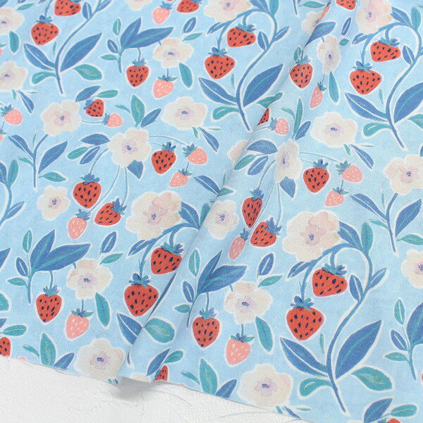 輸入生地 生地 水色地いちご柄水彩 STELLA ステラ TIMELESS USAプリント (最低単位30cm～10cm単位の切売)