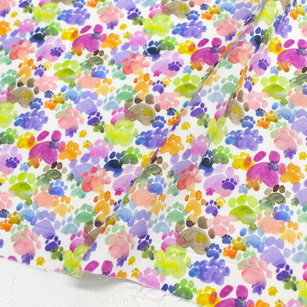 輸入生地 生地 WH地カラフル水彩肉球柄 STELLA ステラ TIMELESS USAプリント (最低単位30cm〜10cm単位..