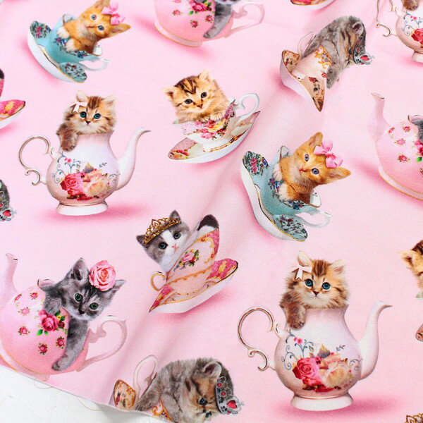 輸入生地 生地 Pk地マグカップ猫TimelessTreasures USAプリント (最低単位30cm〜10cm単位の切売)