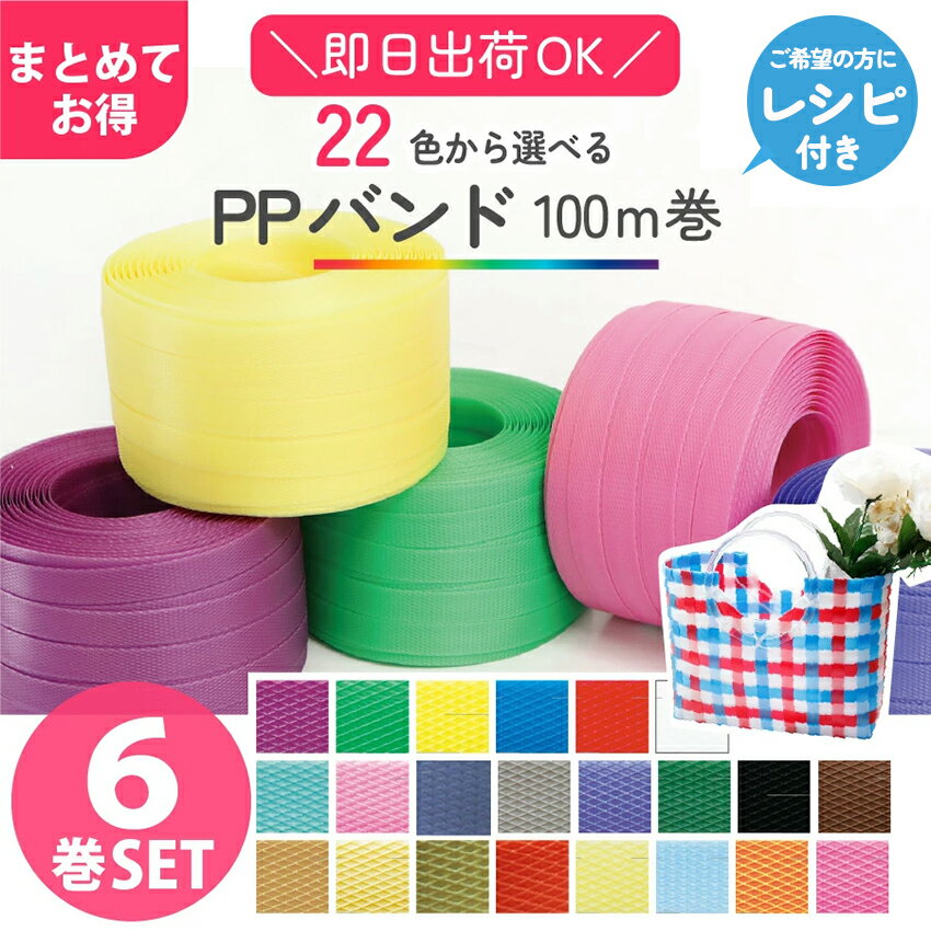 色が選べる PPバンド 6巻セット 15mmx100m 大巻 かごバッグ 手芸用テープ 信越工業 プラバッグ 日本製 クラフト手芸