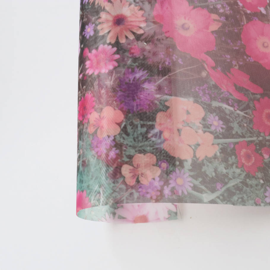 生地 ナイロン 転写チュール ピンク紫オレンジ 花柄 巾約68cm （最低単位30cm～10cm単位の切売り）