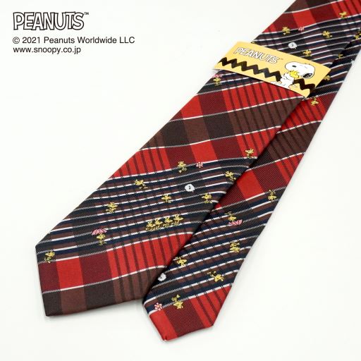 ピーナッツ／スヌーピー （ウッドストック：チェック柄）ブラウン×ワインプレゼント ギフト Peanuts necktie オススメ シルク100% ブランドネクタイ ネクタイブランド 送料無料敬老の日