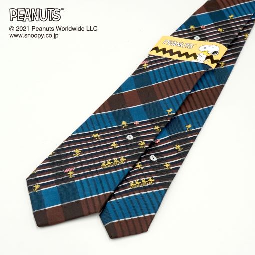 ピーナッツ／スヌーピー （ウッドストック：チェック柄）ブラウン×ブループレゼント ギフト Peanuts necktie オススメ シルク100% ブランドネクタイ ネクタイブランド 送料無料敬老の日