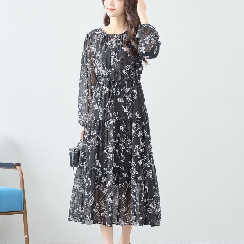 ワンピース 40代 50代 60代 上品 春 夏 カジュアル きれいめ ナチュラル 大人かわいい ロング丈 長袖 黒 クロ ブラック 花柄 花柄 シンプル