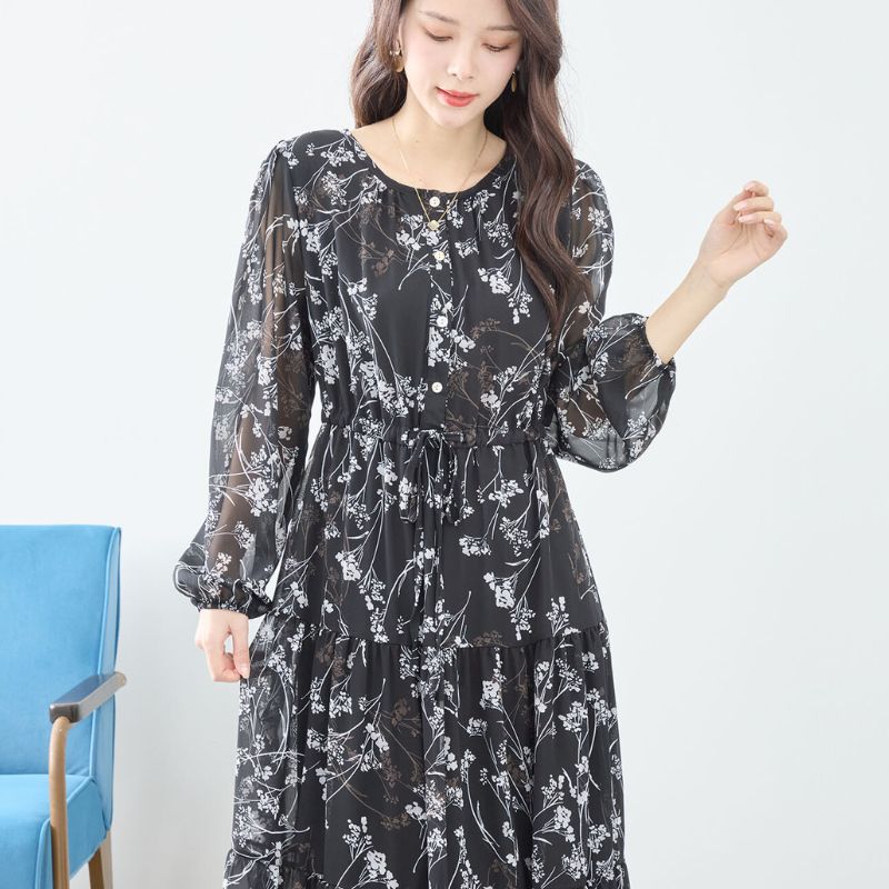 ワンピース 40代 50代 60代 上品 春 夏 カジュアル きれいめ ナチュラル 大人かわいい ロング丈 長袖 黒 クロ ブラック 花柄 花柄 シンプル