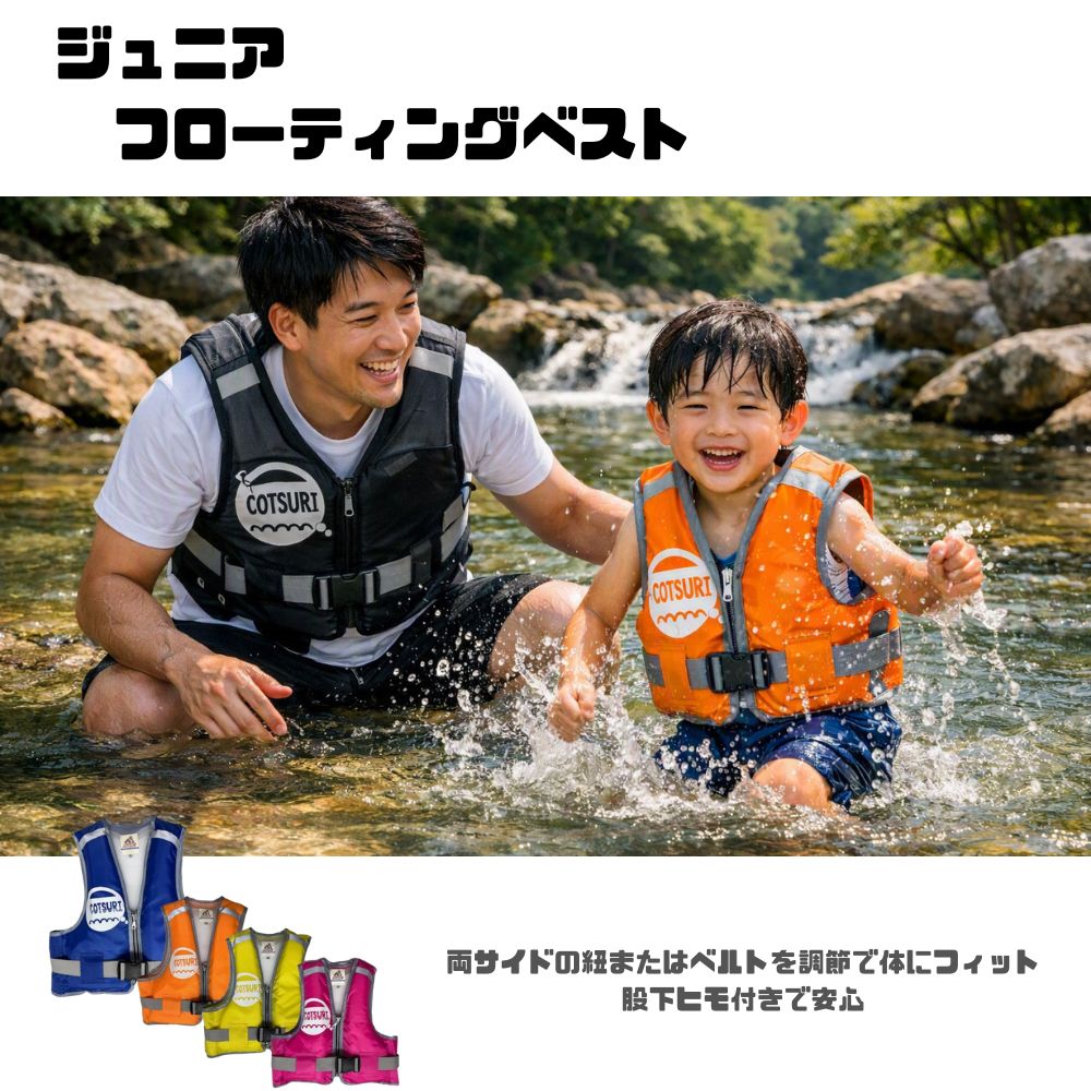 素材/表面：ポリエステル100% 浮力材：ウレタンフォーム ■サイズ：Sサイズ（90〜100cm） 初期浮力：2.8kg　体重：約20kg以下 ■サイズ：Mサイズ（100〜120cm） 初期浮力：3.5kg　体重：約30kg以下 ■サイズ：Lサイズ（120〜140cm） 初期浮力：4.3kg　体重：約40kg以下 ●両サイドの紐またはベルトで体にぴったりフィット。 着用時はファスナーとセーフティーベルトをしっかり締めてください。 お子さまの動きを妨げず、安心して水遊びを楽しめます。 ●本製品は国土交通省認定の救命胴衣ではありません。 小型船舶での使用には対応していませんので、 海水浴・川遊び・プールなどのレジャー用途でご使用ください。 ●使用後は水分をよく拭き取り、風通しの良い場所で乾燥させてください。 濡れたまま放置したり、高温多湿の場所（車内・トランク等）での保管は 性能低下の原因となりますので避けてください。