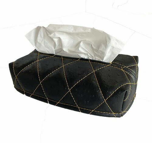 【受注製作】薄型箱ティッシュがついてこの価格☆【オーストリッチキルトティッシュカバー】レザー　ブラック　キルト