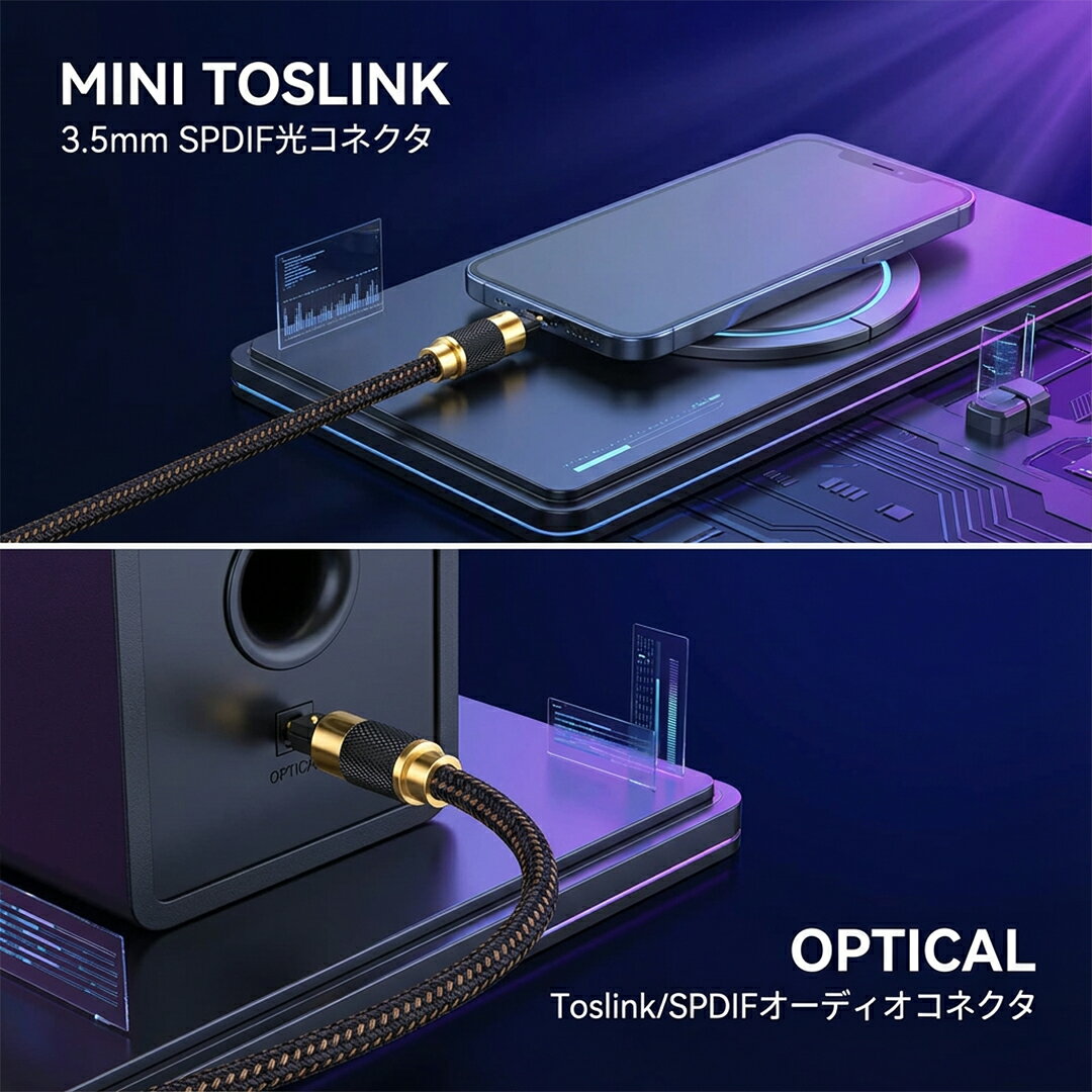 光デジタルケーブル 1M 24K金メッキ トスリンク から 3.5mmミニトスリンク 角型-丸...