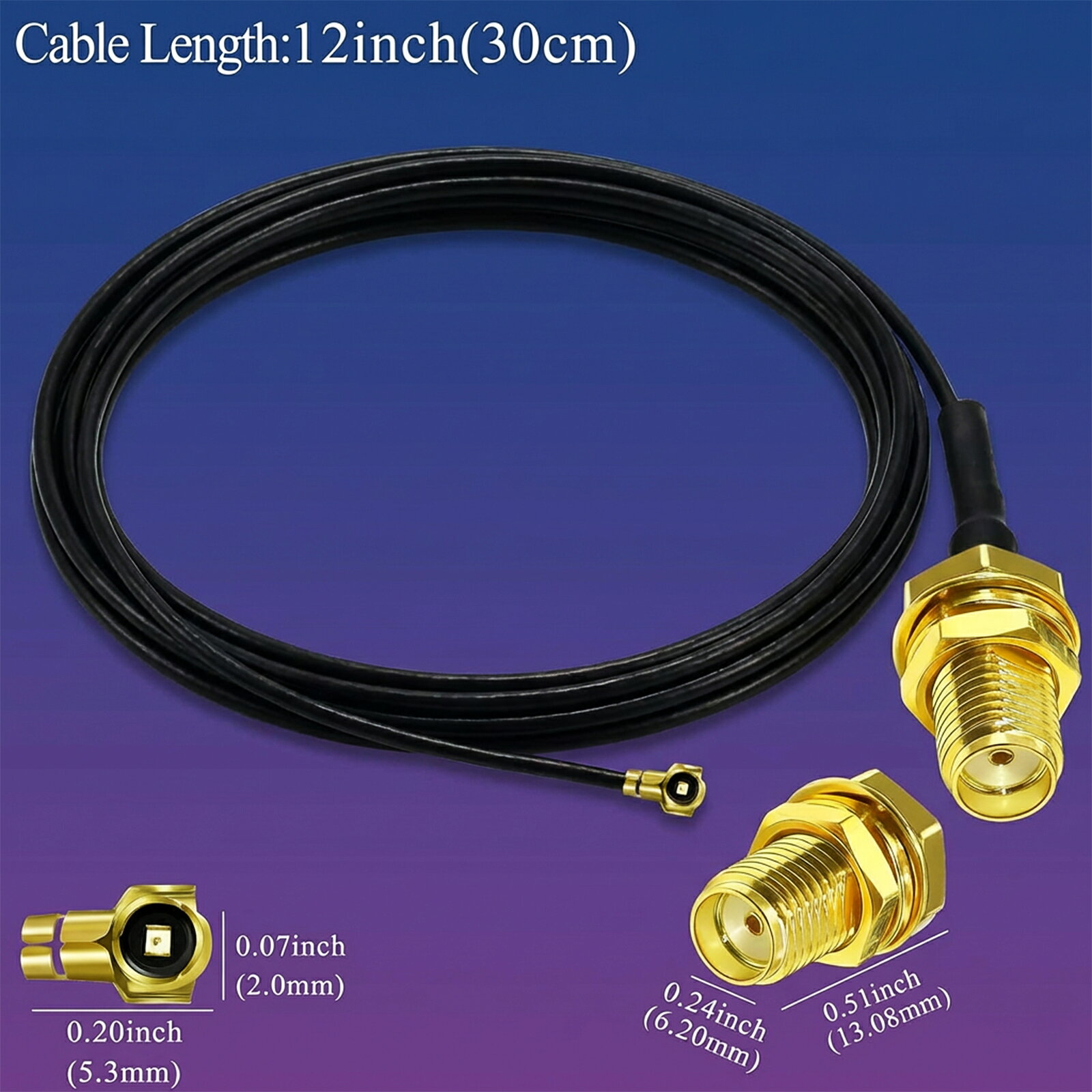 ターンオーバーセラピーのSMA メス-U.fl IPX タイプ RF 同軸ケーブル UFL MHF4 ジャックバルクヘッド接続 WiFi アンテナ延長用 0.81mm ?径ピグテールケーブル 12インチ(30cm) 5本セット ZCM 2026CT-TOJPZCM｜アングル2